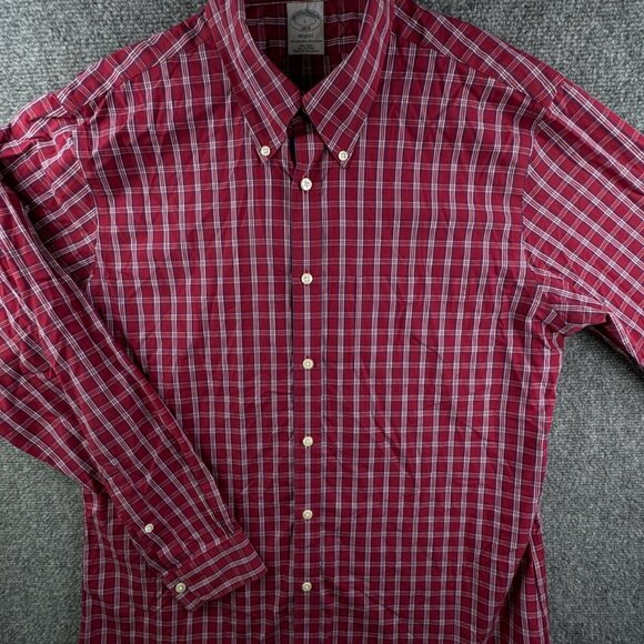 Brooks Brothers Button Up Shirt Men Long Sleeve Cotton Regent Large Red Plaid - Picture 2 of 13